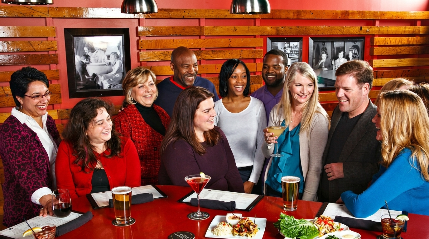 Diverse group of friends laughing and enjoying drinks and appetizers at a red bar.