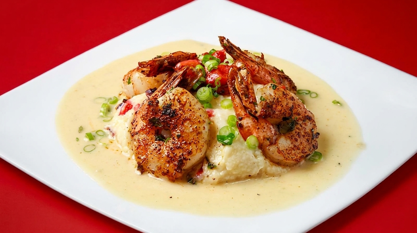 Shrimp and grits with creamy sauce, diced tomatoes, and green onions on a white plate.