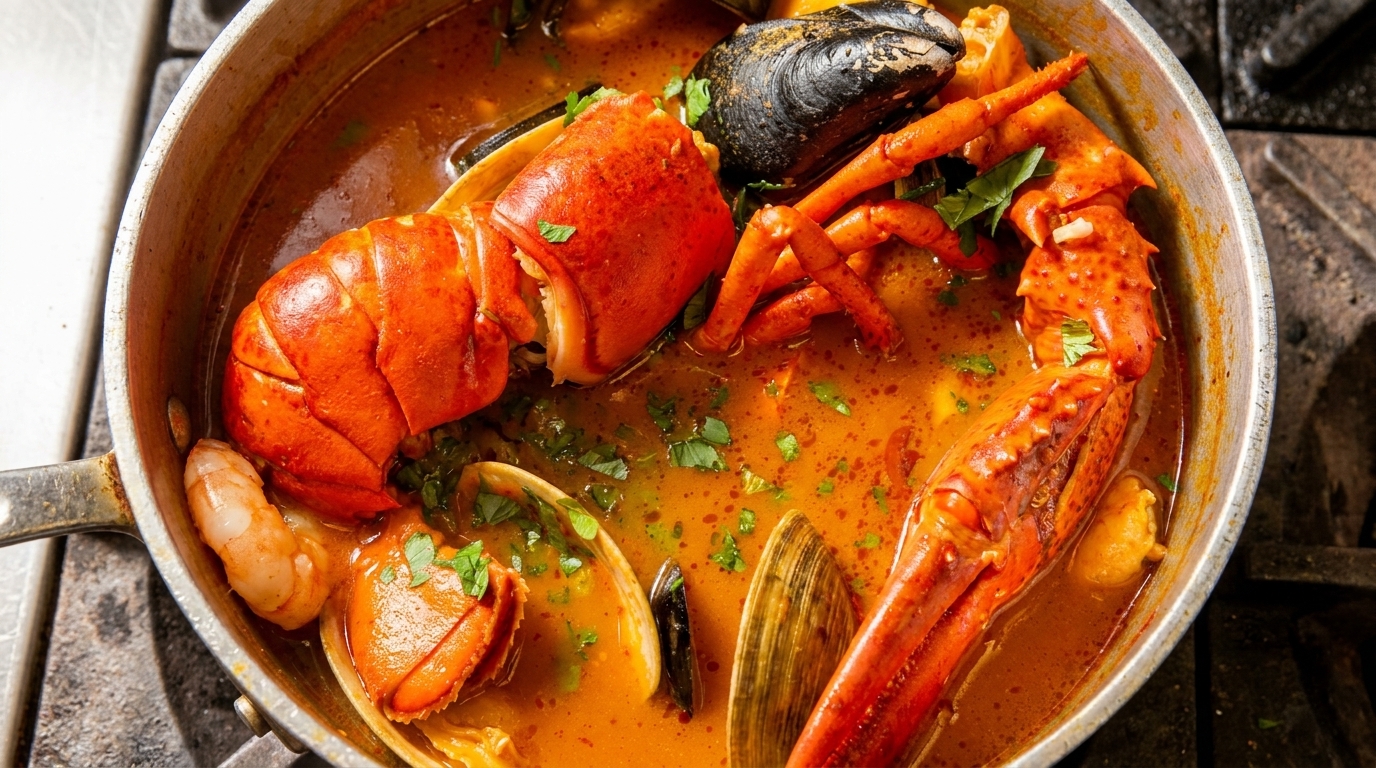 Close-up of a seafood stew with lobster, mussels, clams, and shrimp in a rich orange broth.