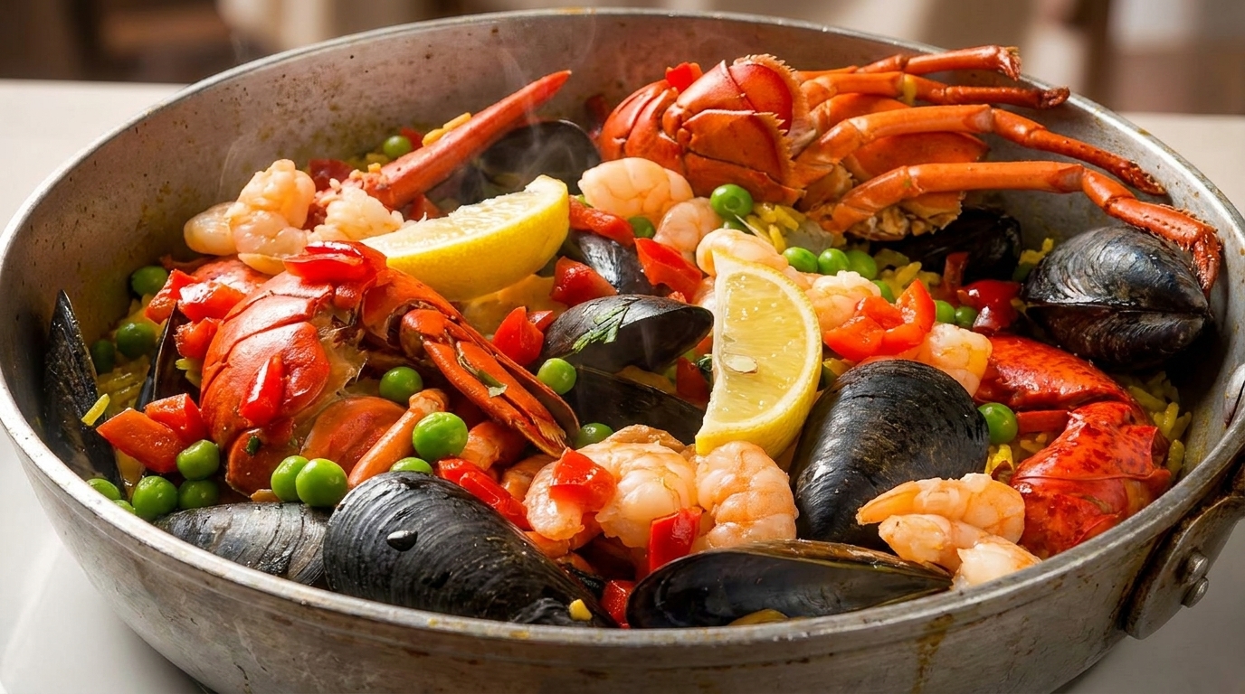 A large pan of seafood paella with lobster, mussels, shrimp, peas, and lemon slices.