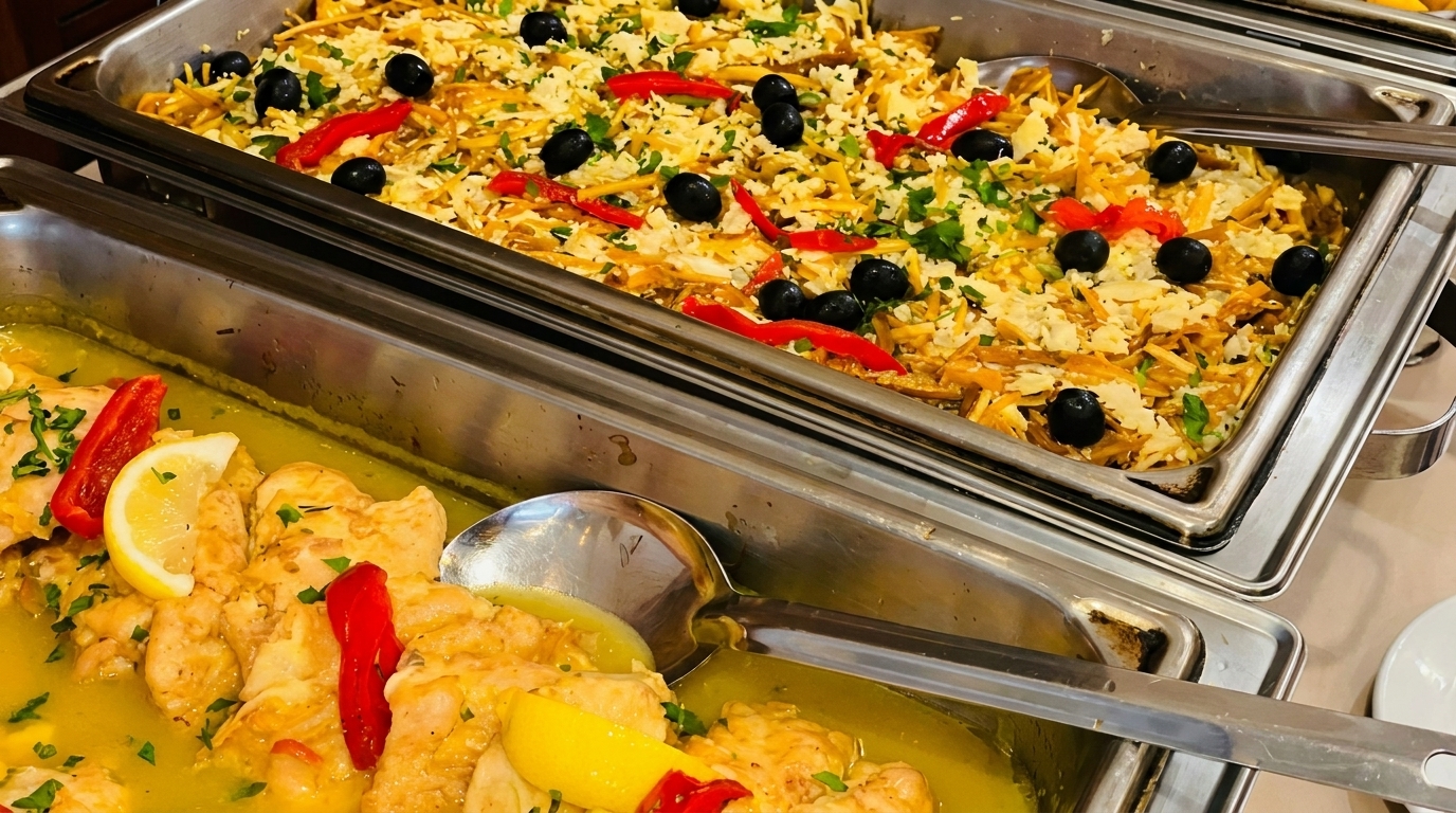 Two buffet trays with chicken in lemon sauce and a rice dish with olives and red peppers.