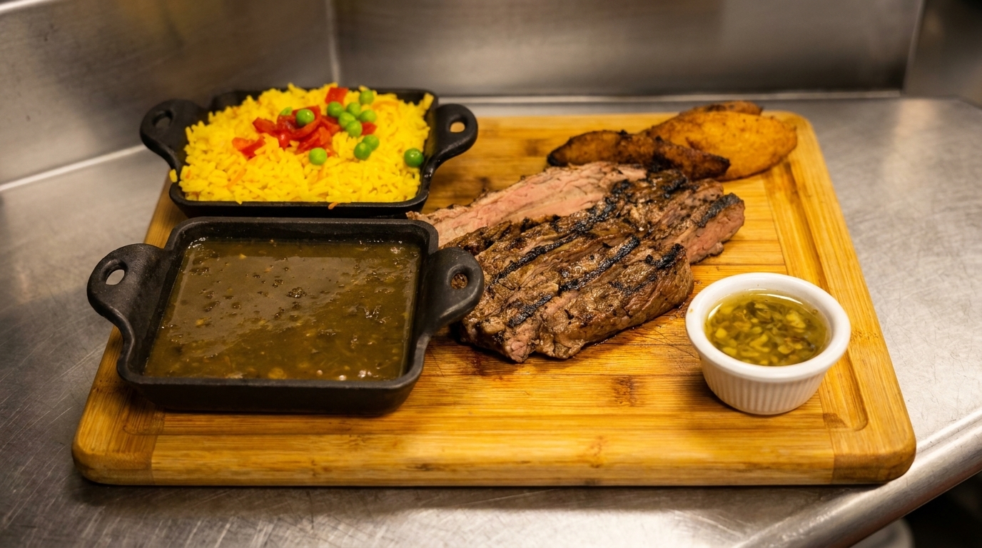 Grilled steak, yellow rice with peas and peppers, beans, and plantains on a wooden board.
