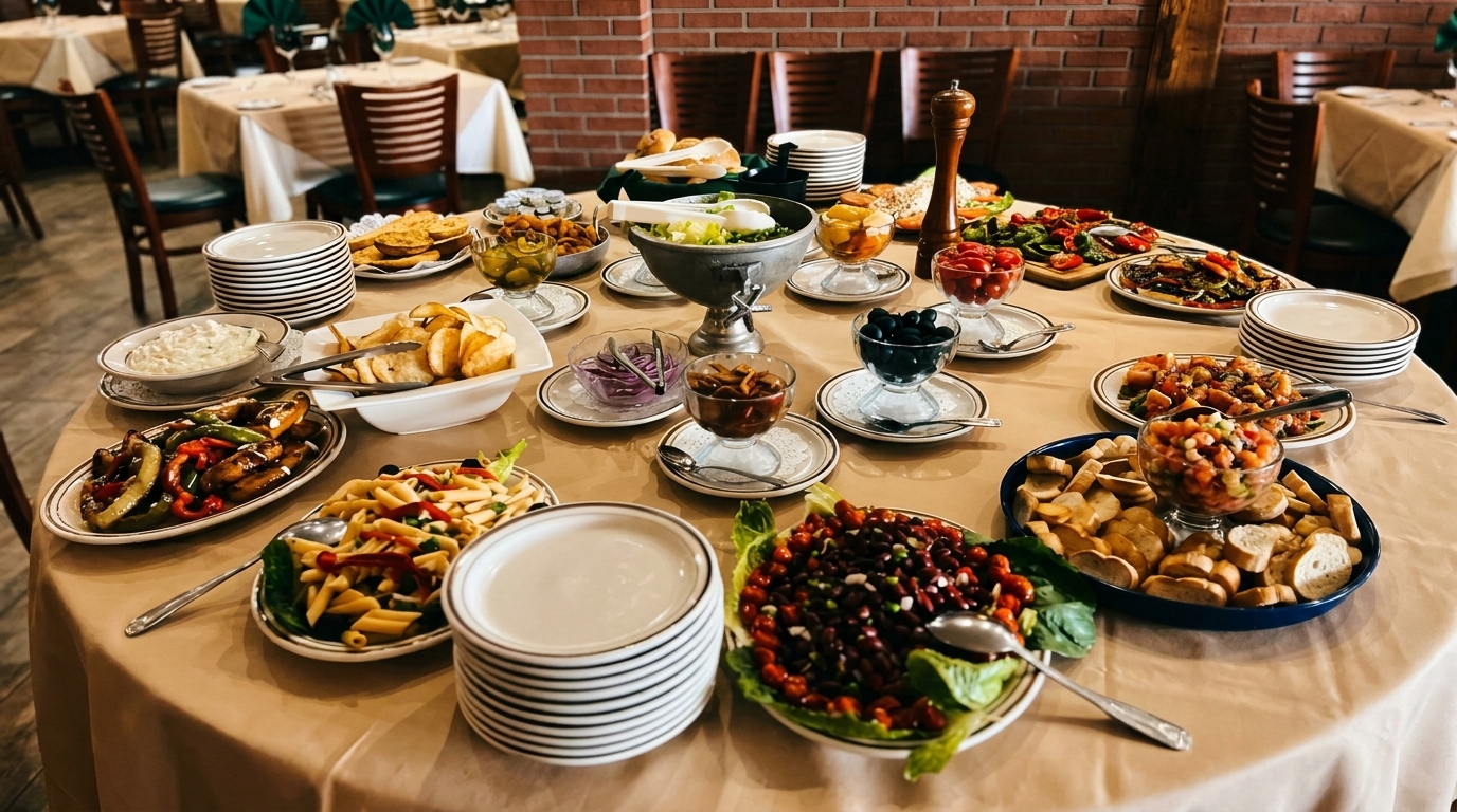 A restaurant buffet table laden with various dishes, including salads, pasta, and appetizers.