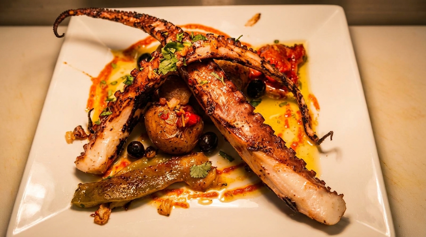 Grilled octopus tentacles with potatoes, olives, and peppers on a white plate.