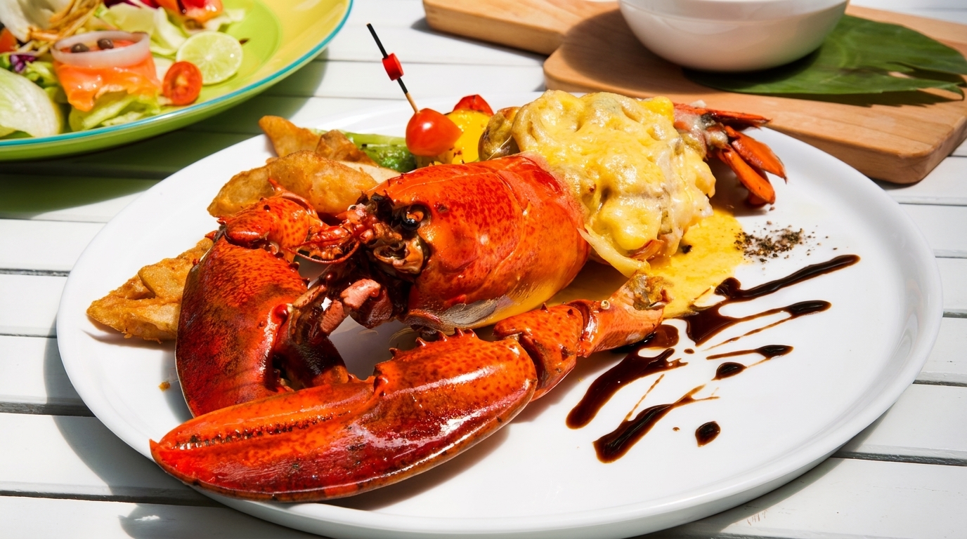 A vibrant red cooked lobster, topped with melted cheese, served with fried potatoes and a side salad.