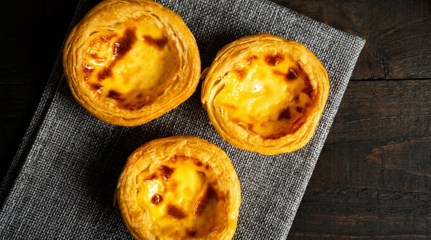 Three golden-brown Portuguese egg tarts with flaky crusts on a gray napkin and dark wooden table.