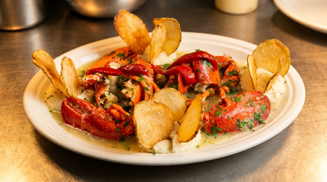 A white plate holds a vibrant red lobster dish with mashed potatoes, potato chips, and herbs.