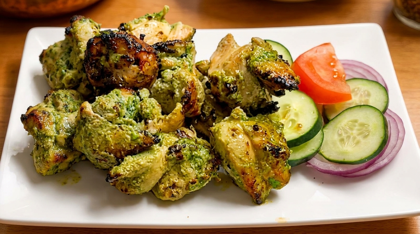 Grilled chicken tikka with green marinade, served with sliced cucumbers, red onion, and tomato.