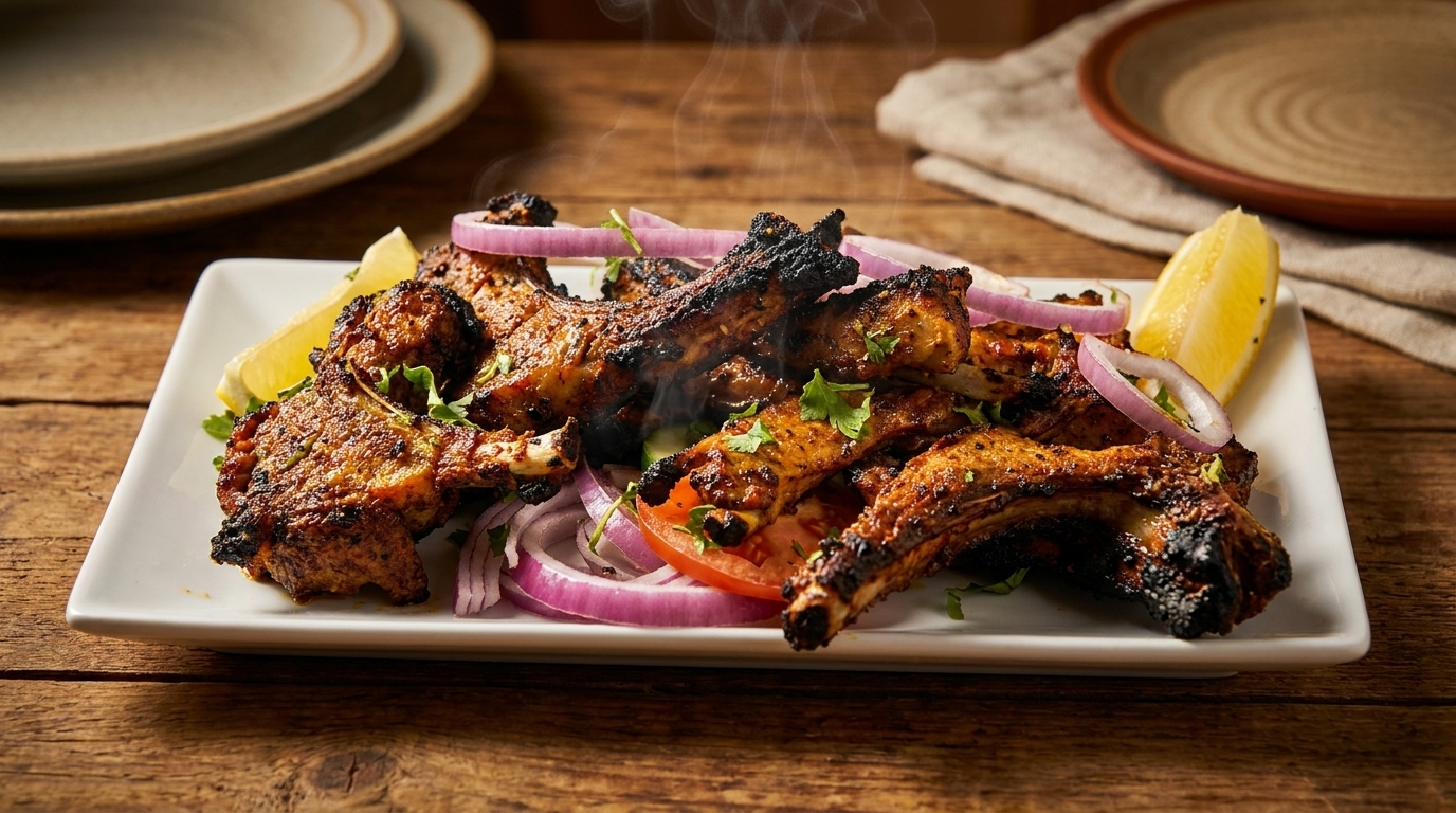 Steaming grilled lamb chops with red onions, lemon wedges, and cilantro on a white plate.
