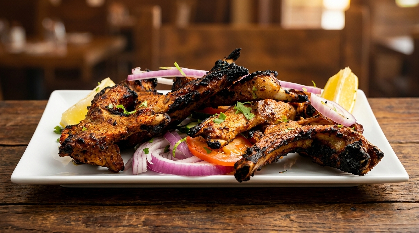 Grilled lamb chops with red onion, tomato, and lemon wedges on a white plate.