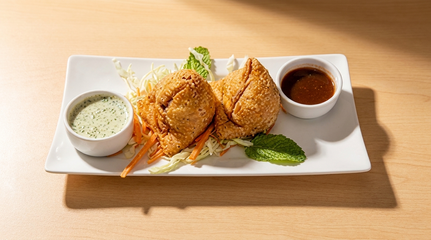 Two golden-brown samosas on a white plate with shredded cabbage, carrots, mint, and two dipping sauces.