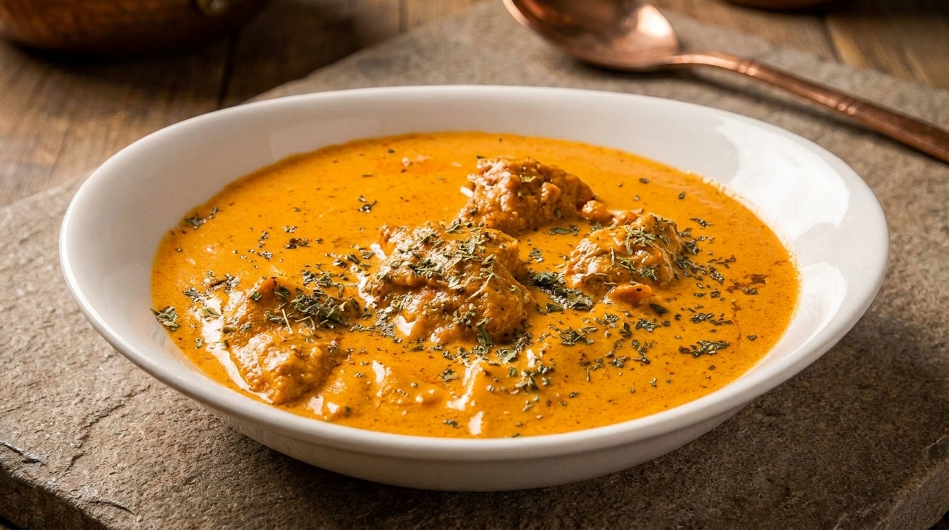A white bowl filled with creamy orange butter chicken, garnished with dried herbs, on a stone surface.