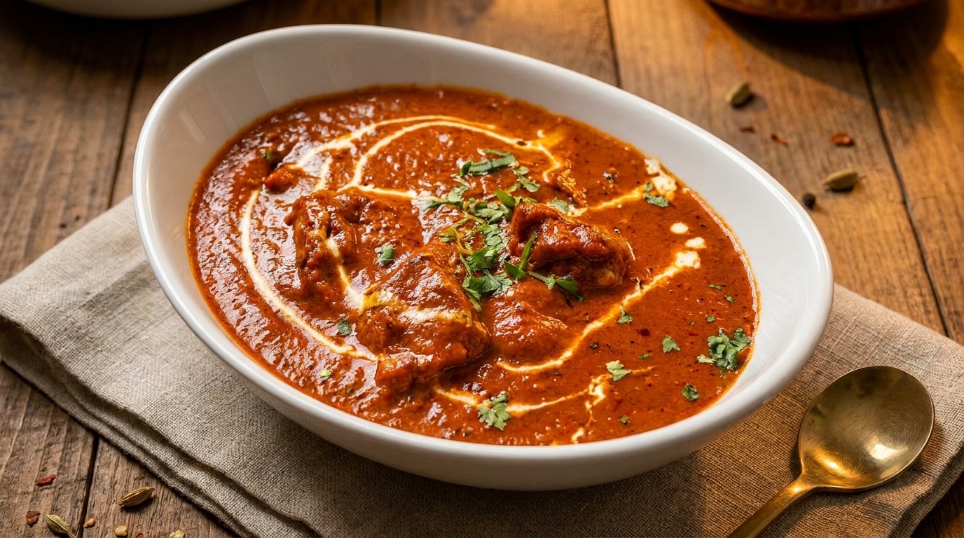 A white bowl of rich, red curry with chicken, garnished with cream swirls and fresh cilantro.