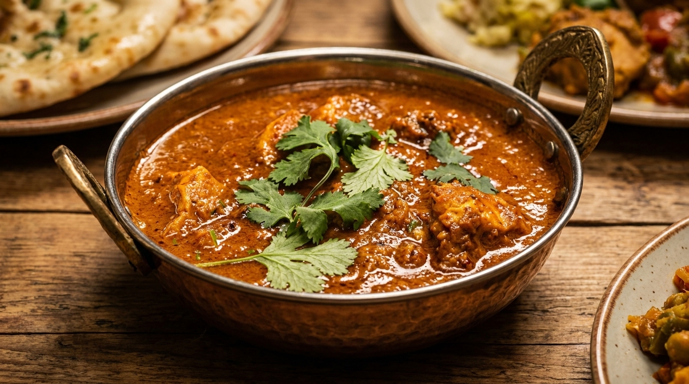 Chicken tikka masala in a copper bowl, garnished with cilantro, with naan bread in the background.