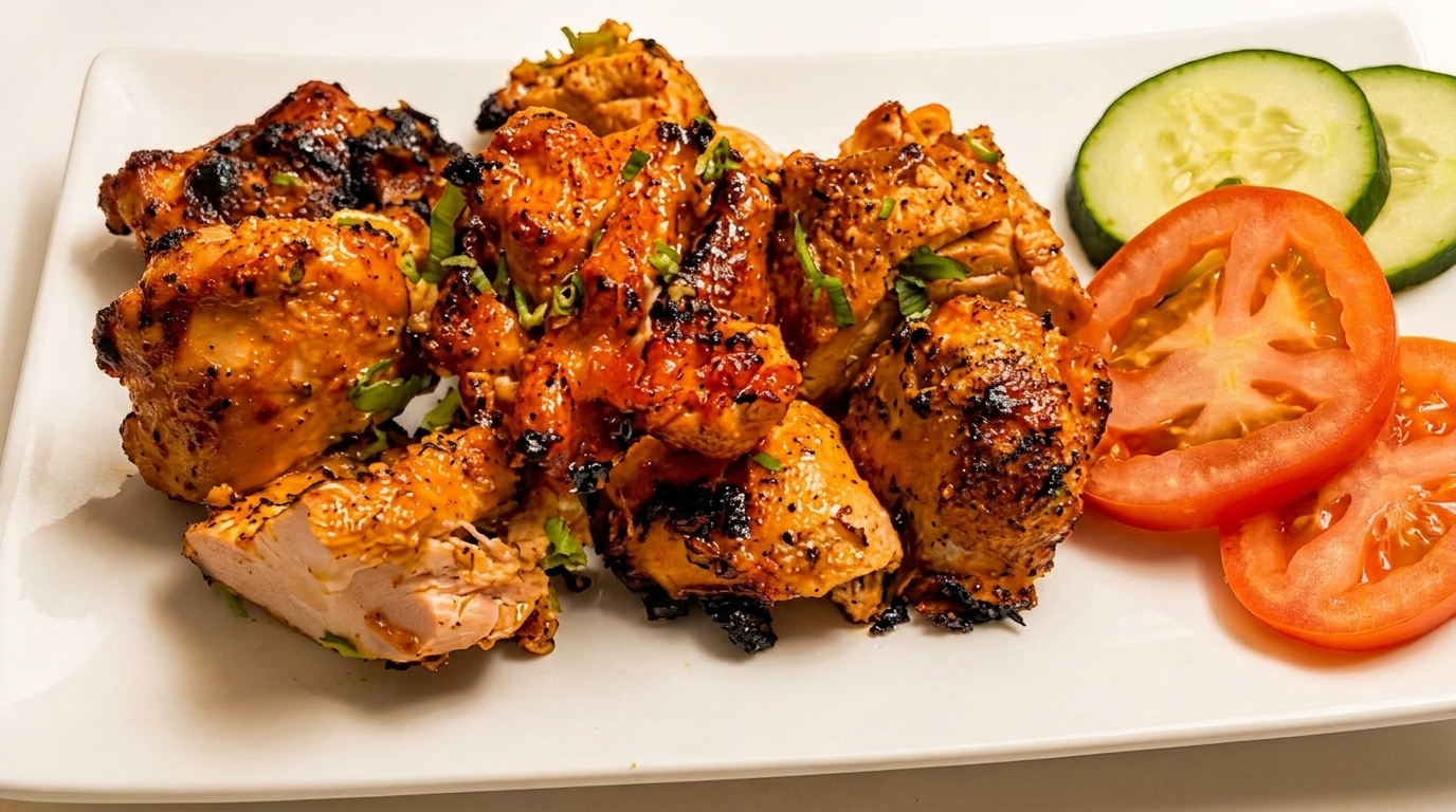 Grilled chicken tikka pieces with charred edges, garnished with green herbs, served with tomato and cucumber slices.