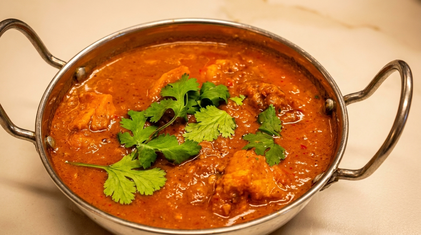 Close-up of a metal bowl filled with rich orange curry, garnished with fresh green cilantro.