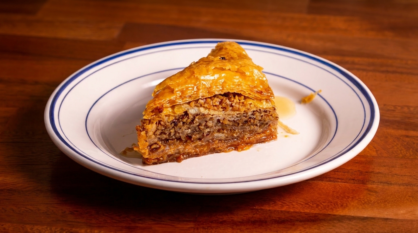A triangular slice of baklava with flaky layers and a nut filling, drizzled with syrup on a white plate.