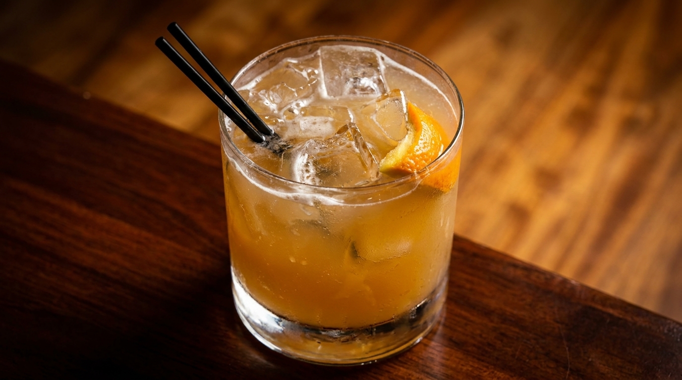 A whiskey cocktail with ice and an orange peel garnish, with two black straws, on a wooden surface.