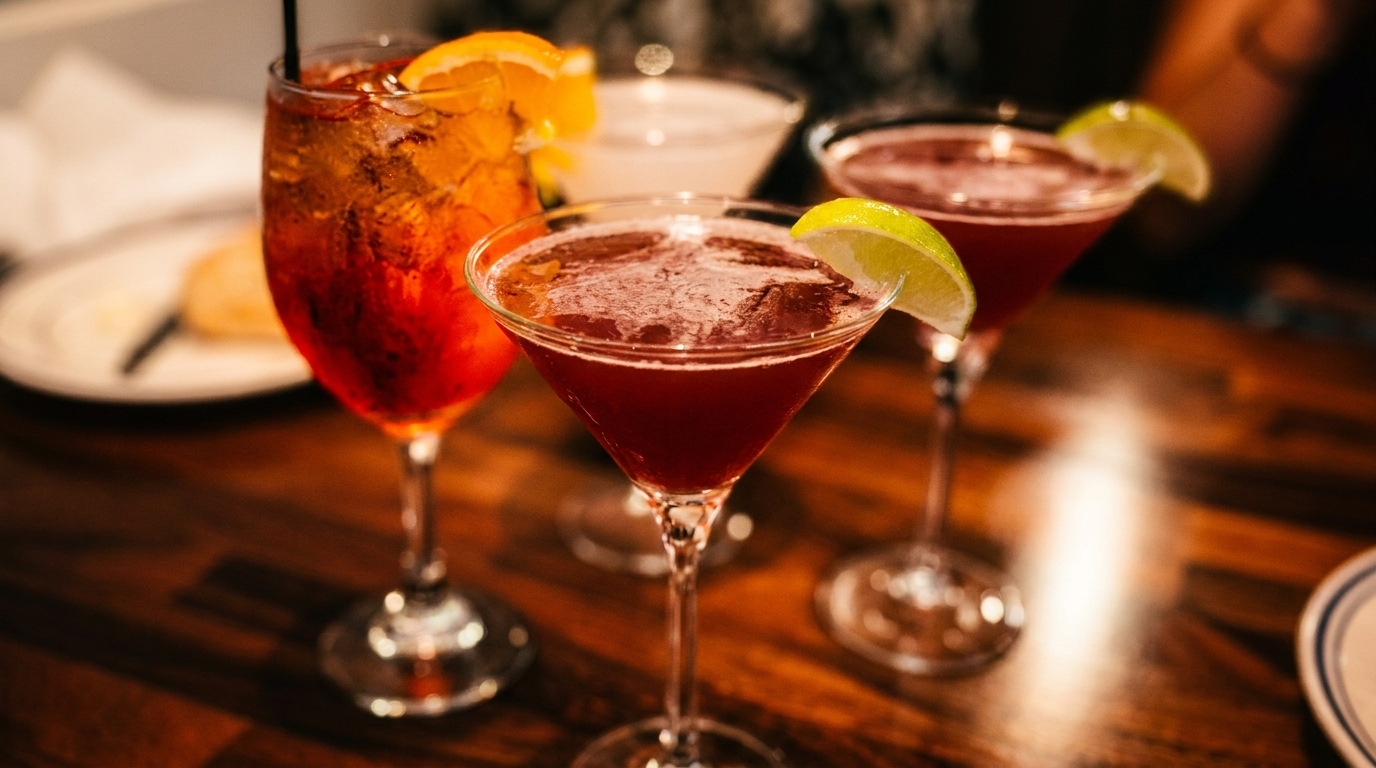 Three cocktails on a dark wooden table, one with an orange slice, two with lime wedges.