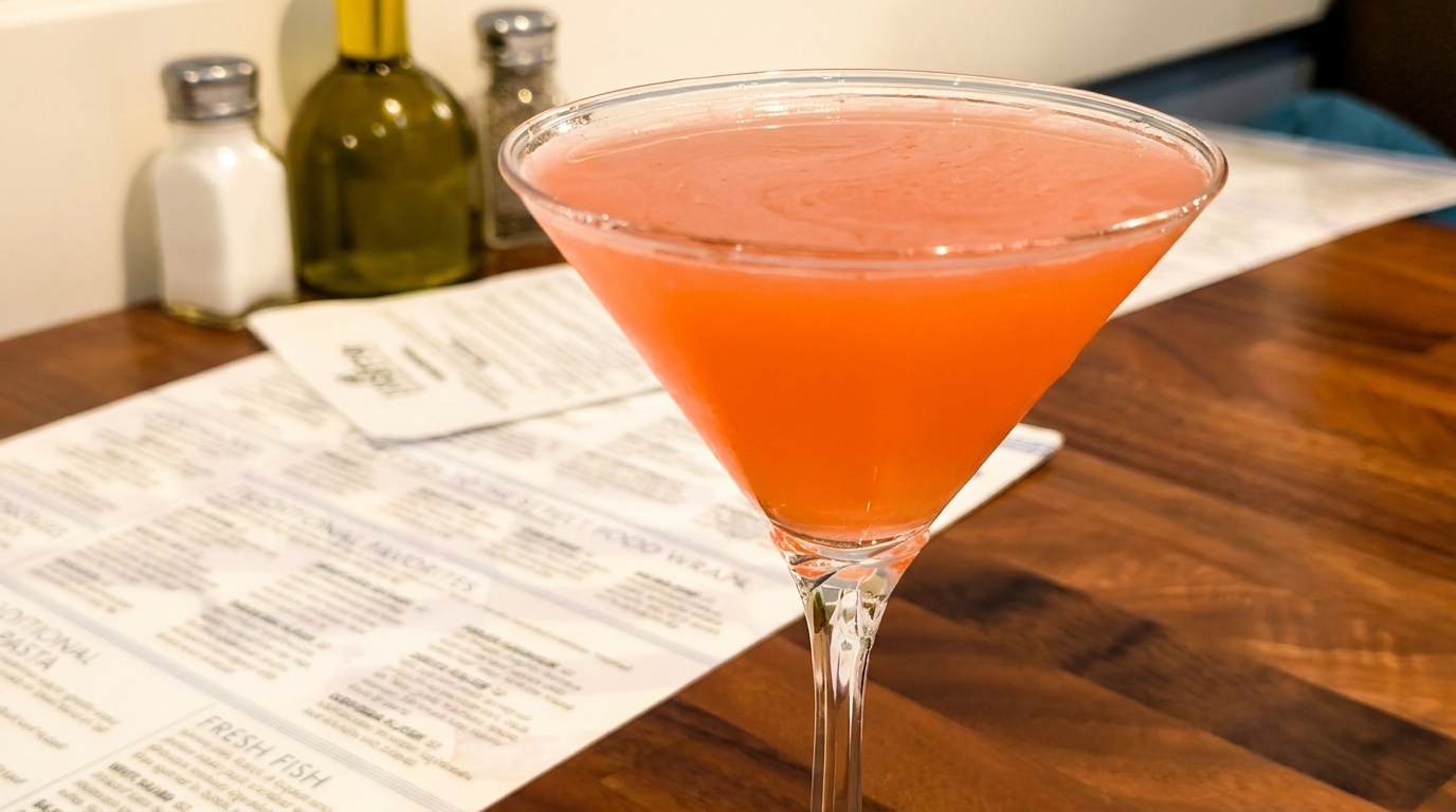 A vibrant orange cocktail in a martini glass sits on a wooden table with a menu.