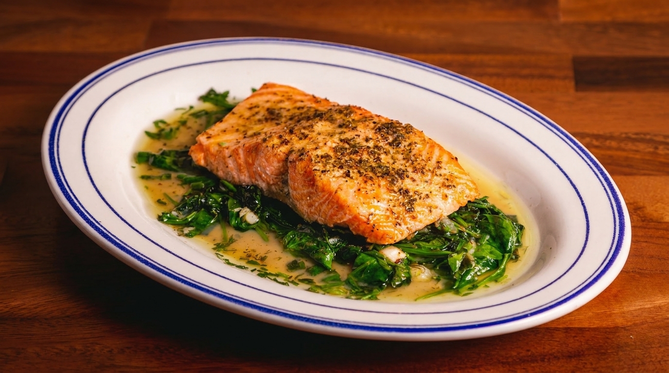 Pan-seared salmon fillet with herbs, served over sautéed spinach in a light sauce on a white oval plate.