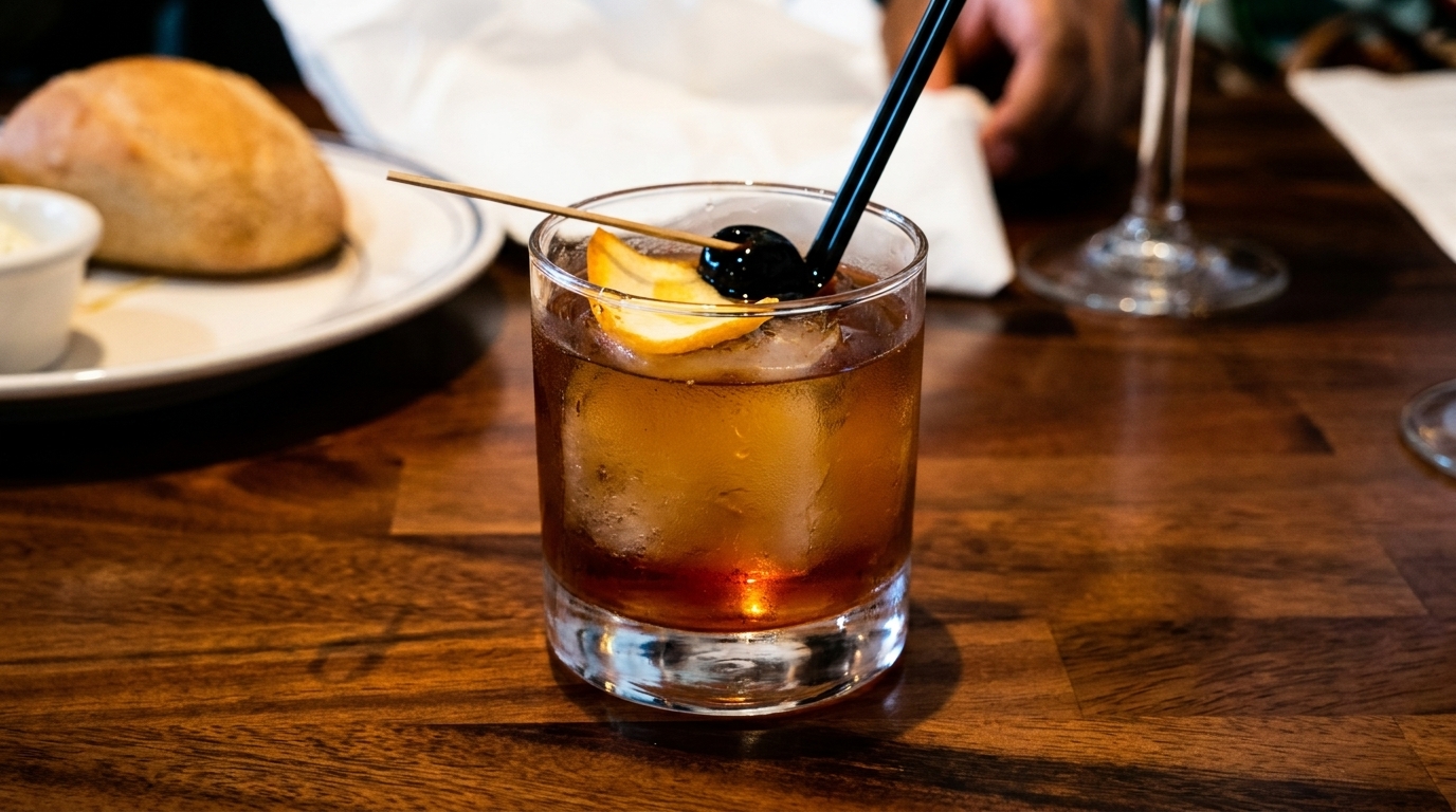 An Old Fashioned cocktail with an orange slice and cherry on a wooden table with bread.