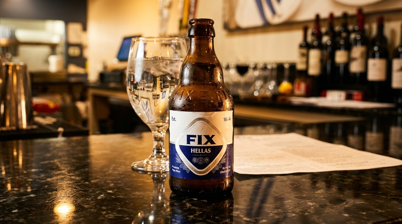 A bottle of Fix Hellas beer and a glass of water on a dark, reflective bar top.