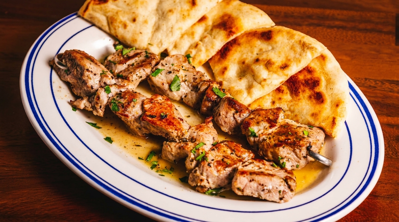 Grilled pork souvlaki skewers with fresh herbs and warm pita bread on a white plate.