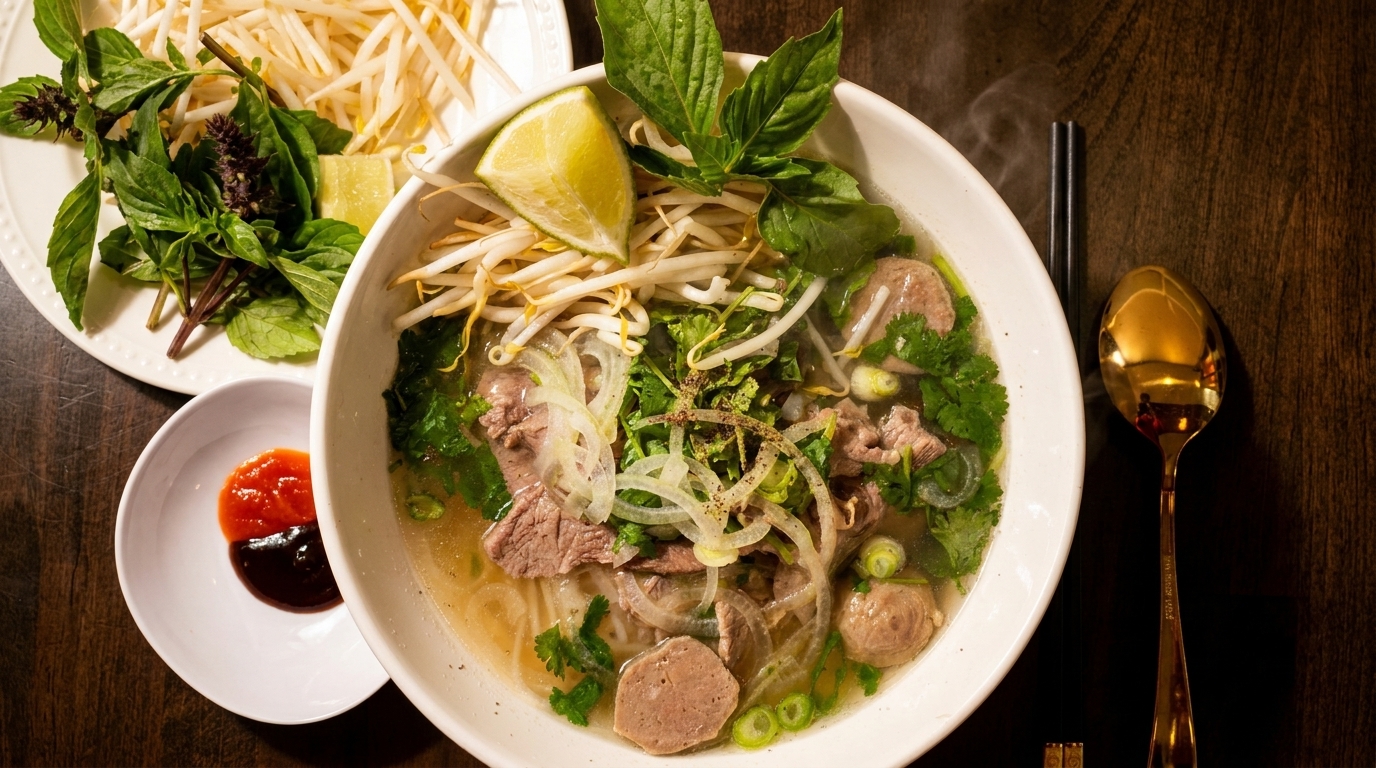 Steaming bowl of pho with beef, noodles, herbs, lime, and bean sprouts on a dark wooden table.
