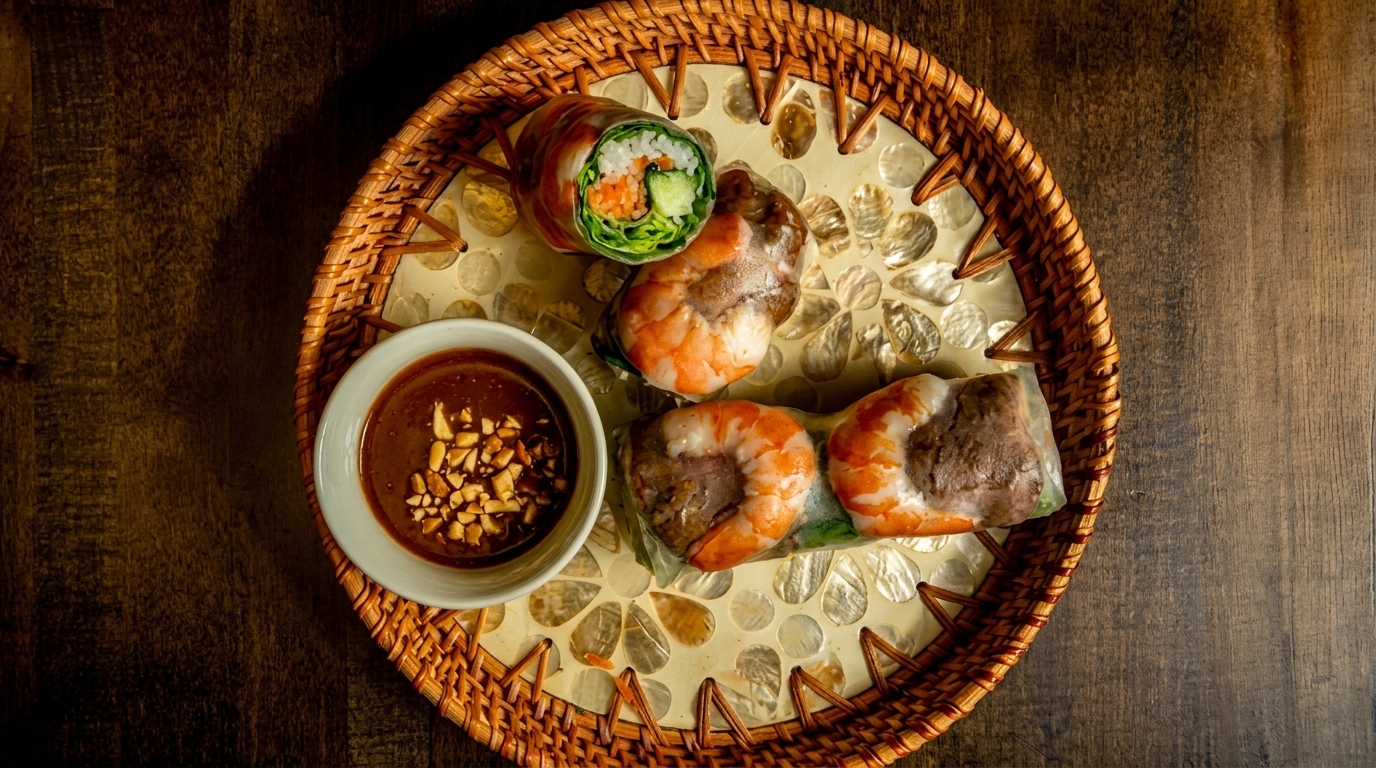 Fresh spring rolls with shrimp and vegetables, served with peanut dipping sauce on a woven tray.