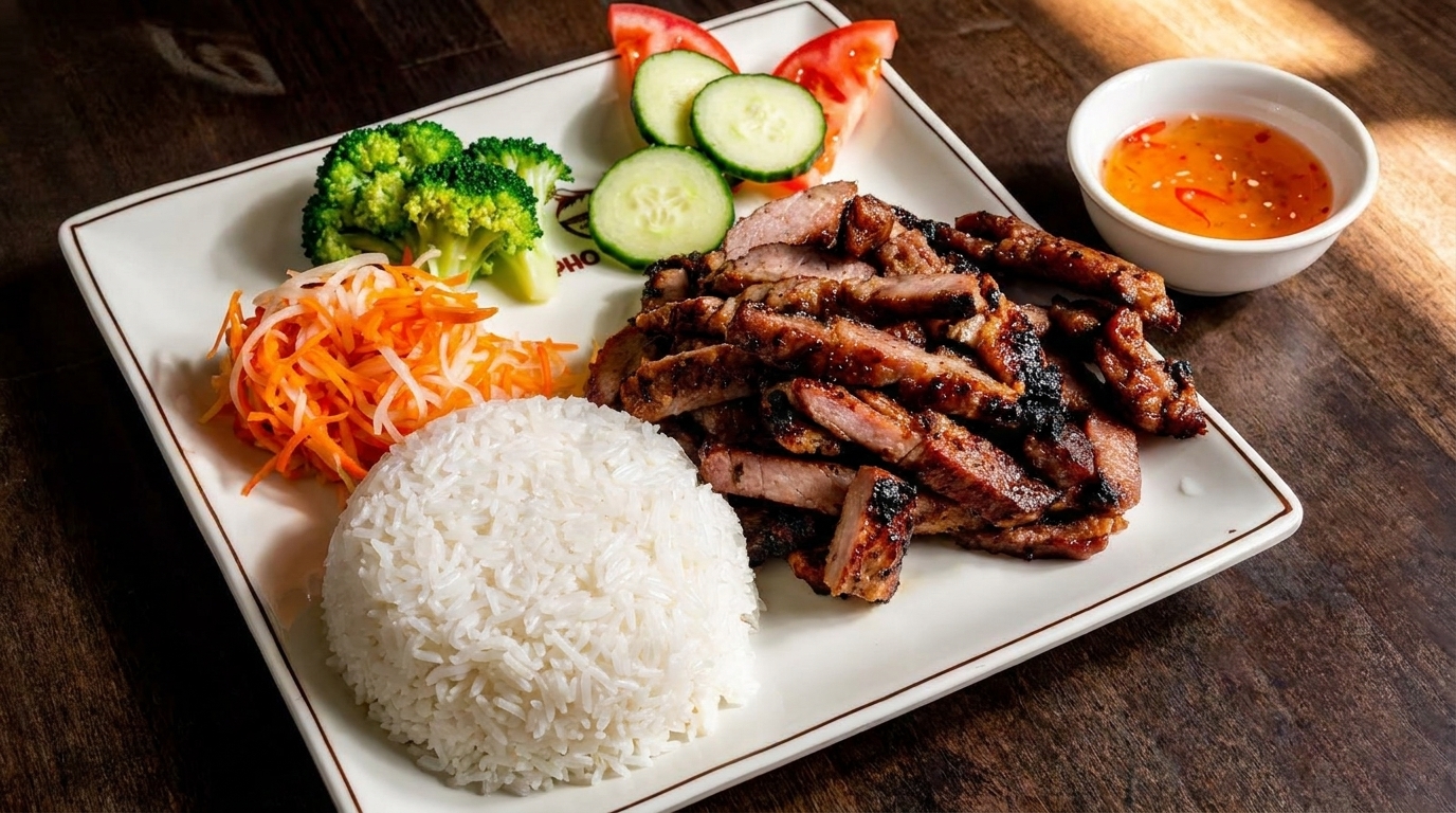 Grilled pork with rice, pickled carrots, broccoli, cucumber, tomato, and dipping sauce.
