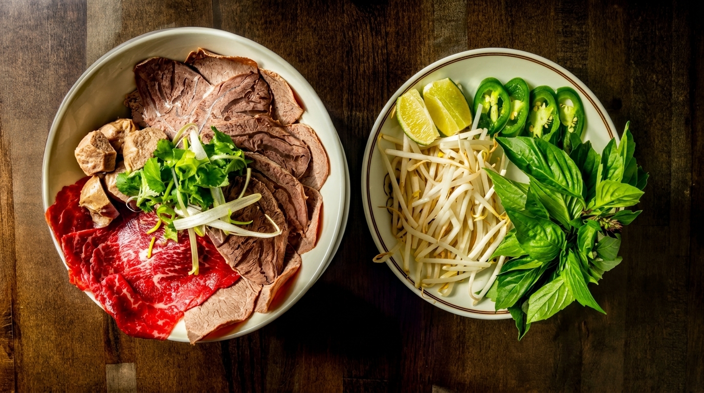 Overhead view of pho ingredients: sliced beef, meatballs, cilantro, bean sprouts, basil, jalapeños, and lime.