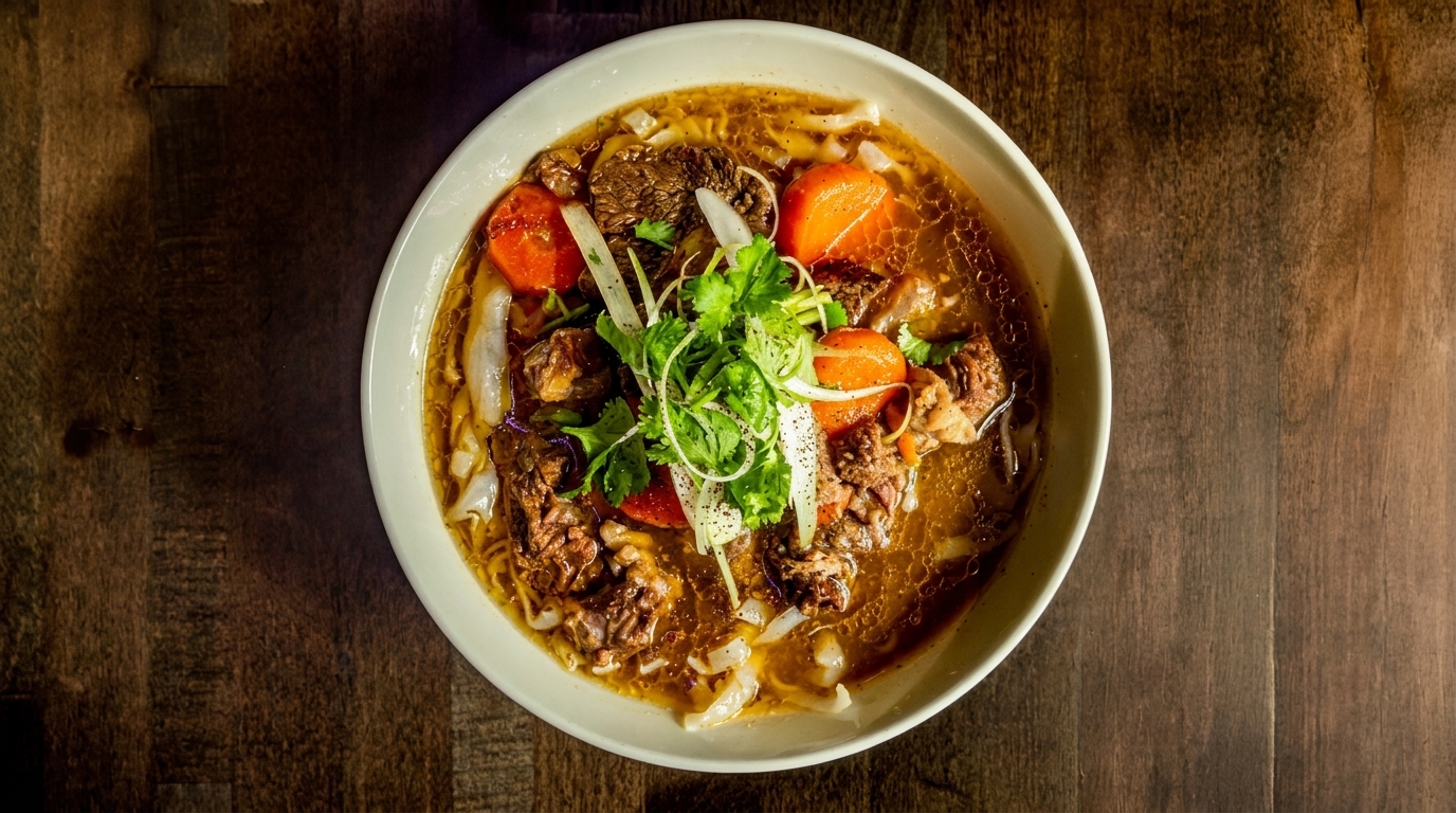 Overhead view of a bowl of beef stew with noodles, carrots, and cilantro on a wooden table.