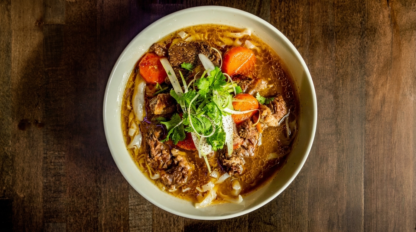 Overhead view of a bowl of beef stew with carrots, noodles, and cilantro on a wooden table.