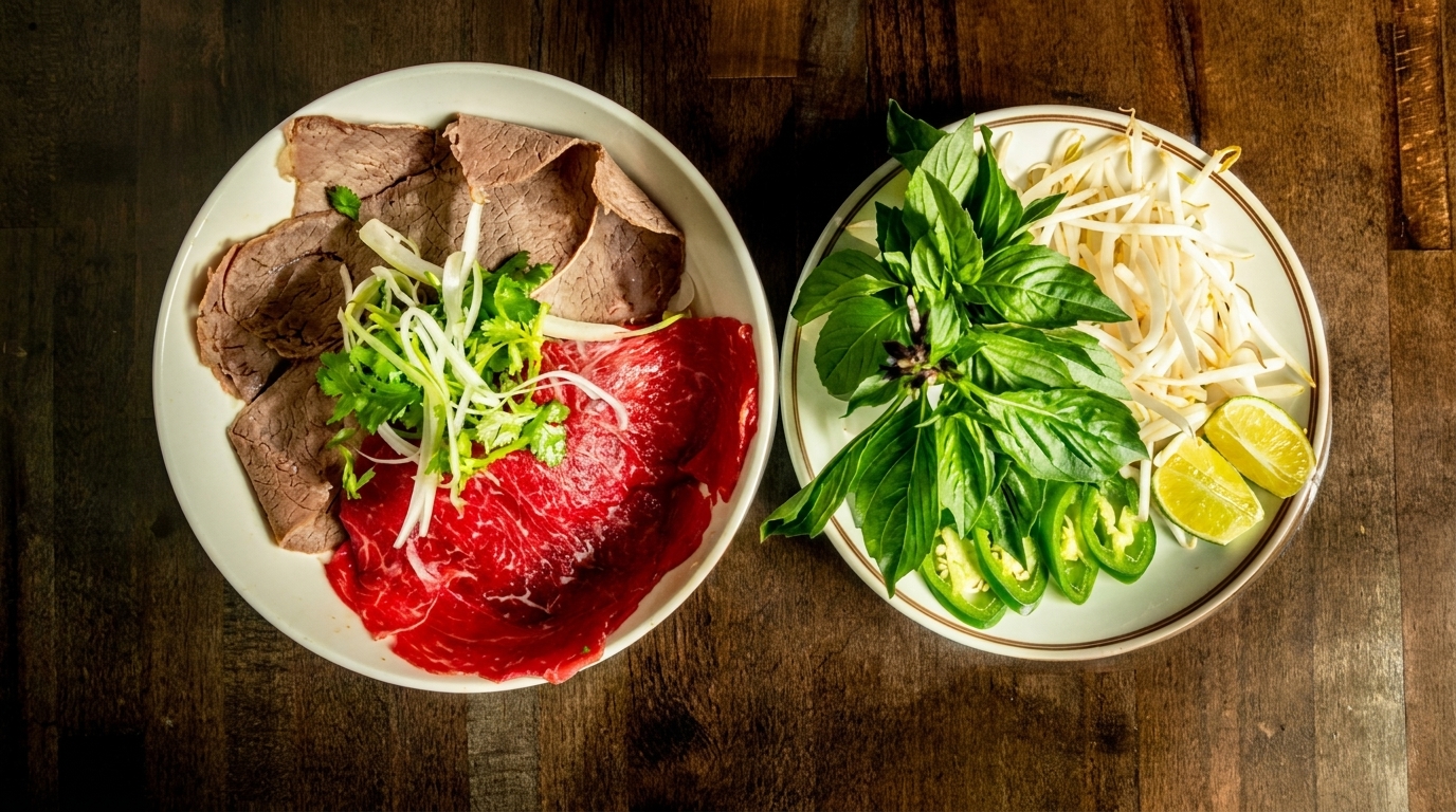 Two plates of pho ingredients: sliced beef, herbs, bean sprouts, jalapeños, and lime on a wooden table.