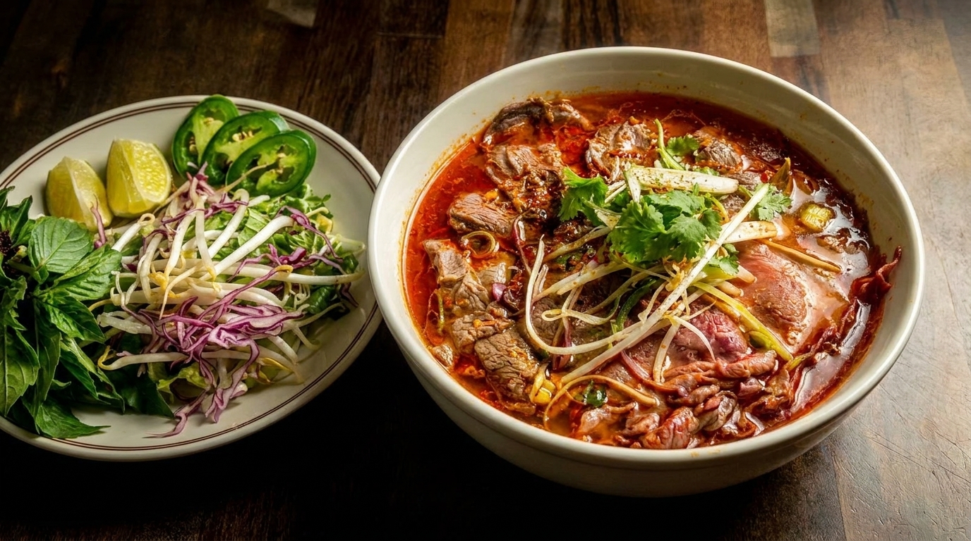 Spicy beef pho with a side plate of fresh herbs, bean sprouts, lime, and jalapeños.