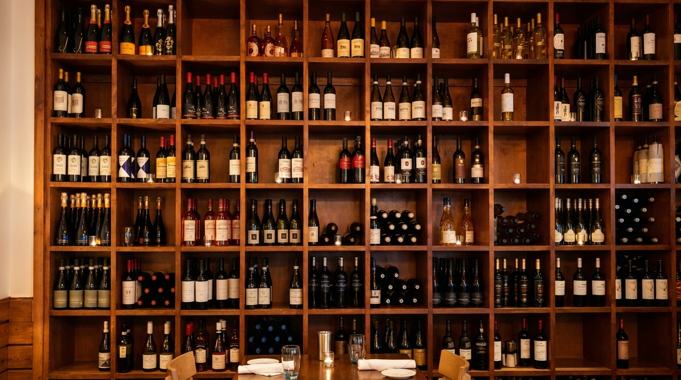 A large wooden wine rack filled with various bottles of wine and champagne, with a table set below.