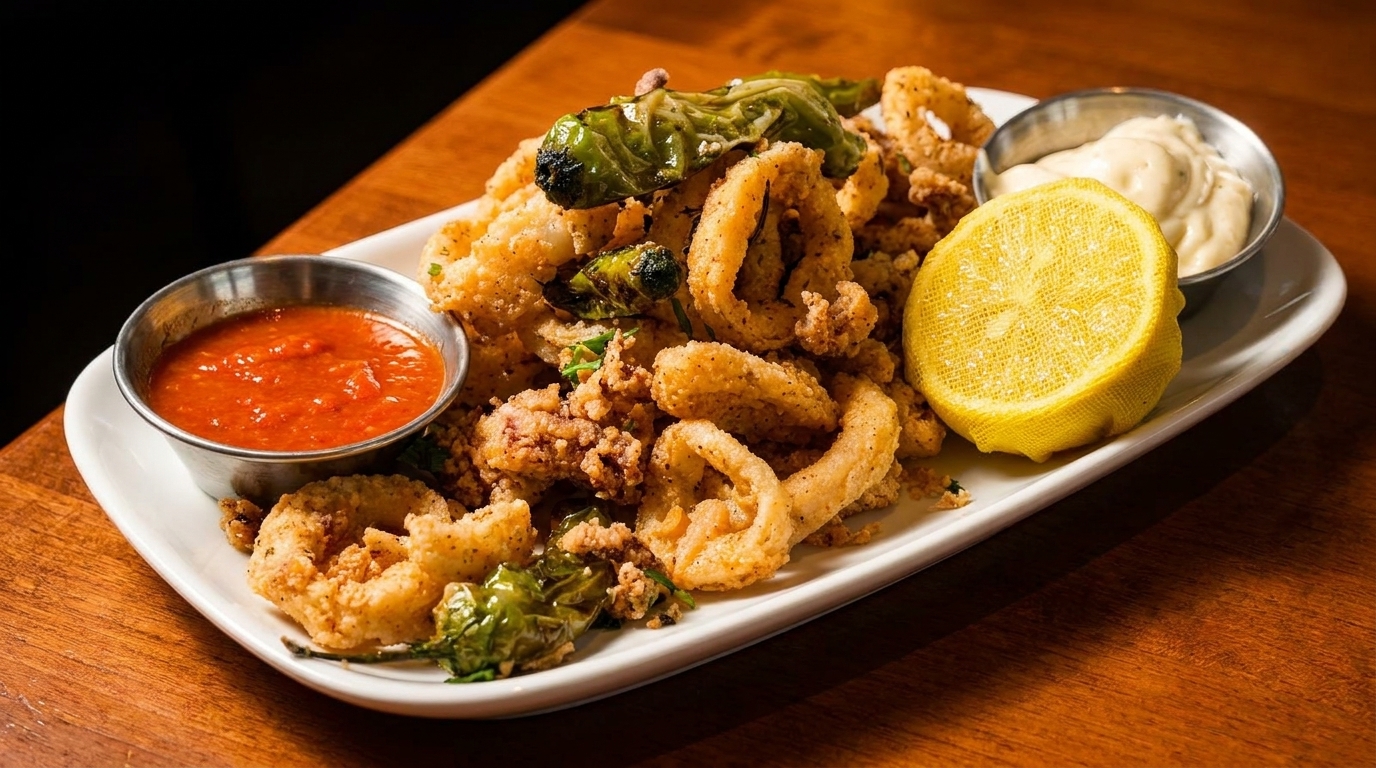 Crispy fried calamari with grilled peppers, lemon, marinara, and aioli on a white plate.