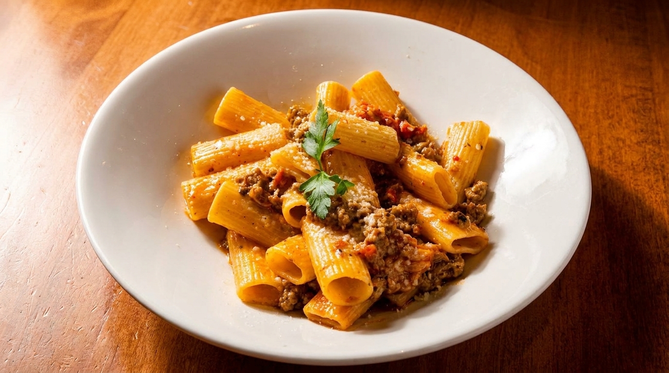 Rigatoni pasta with meat sauce, parmesan cheese, and a sprig of parsley in a white bowl.