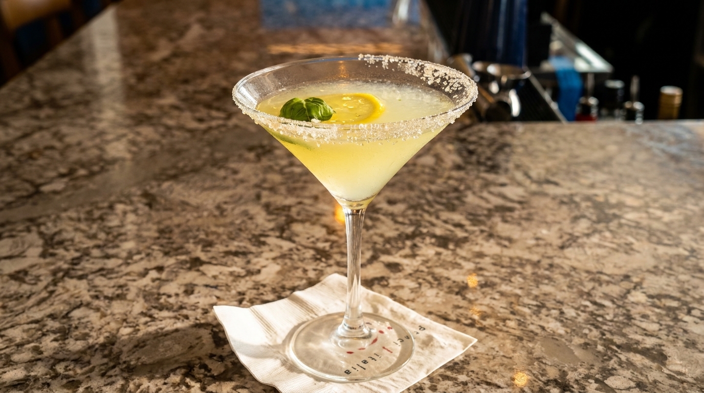 Lemon drop martini with a sugared rim, lemon slice, and basil leaf on a marble bar.