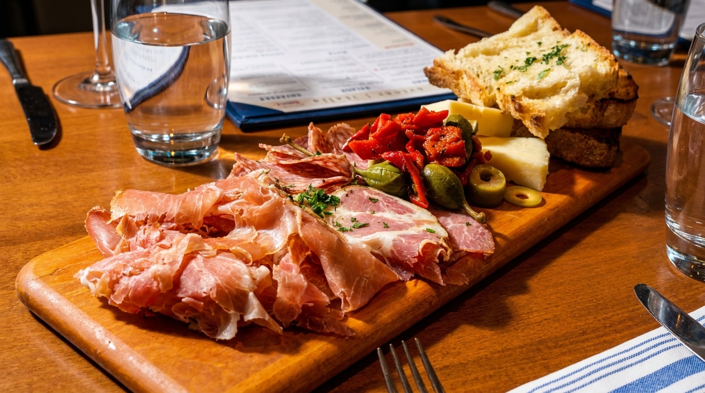 A wooden board with charcuterie, cheese, olives, roasted peppers, and garlic bread on a table.