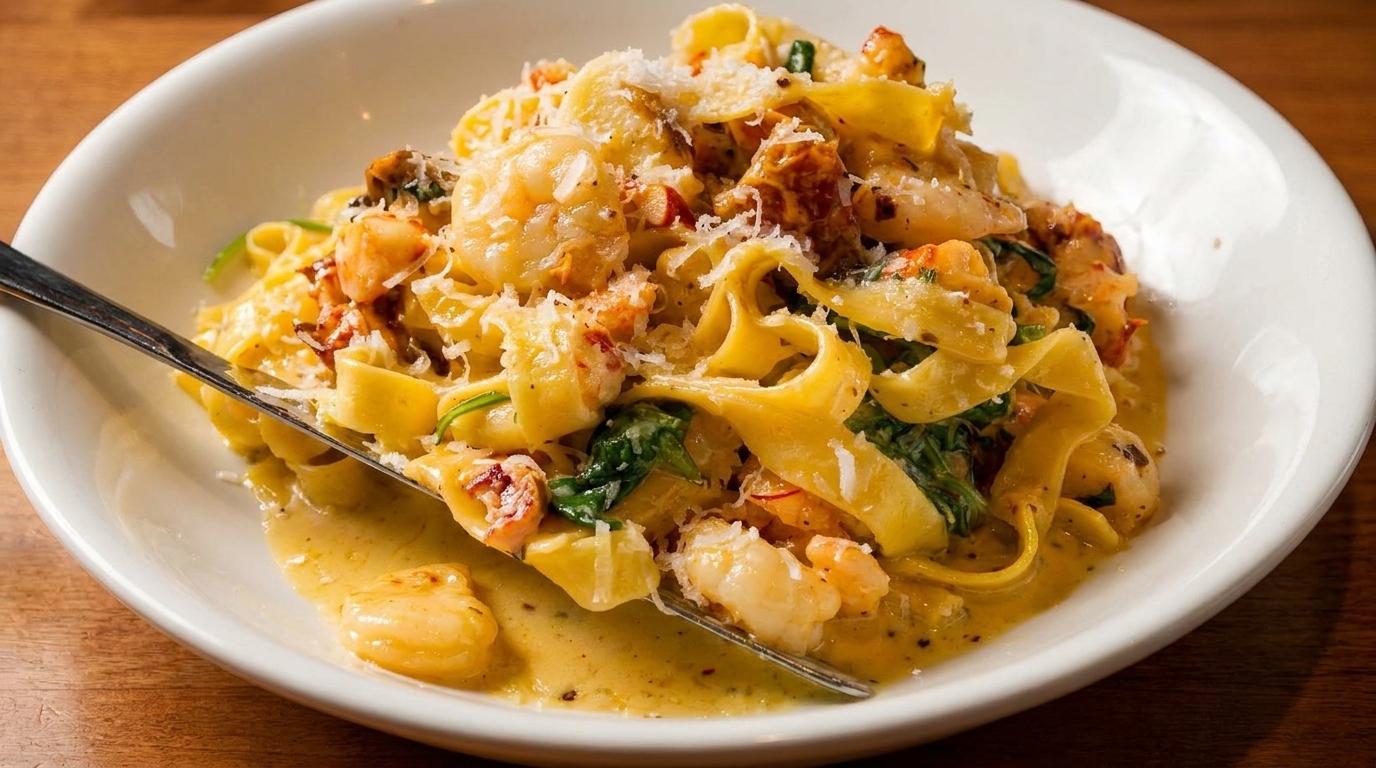 Creamy fettuccine pasta with shrimp, lobster, spinach, and grated cheese in a white bowl.