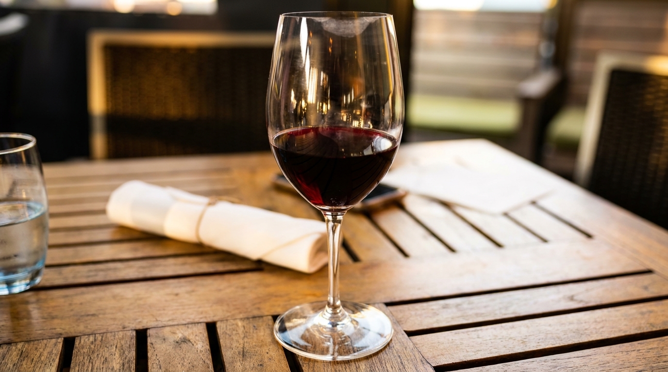 A glass of red wine on a wooden table with a rolled napkin and water glass.