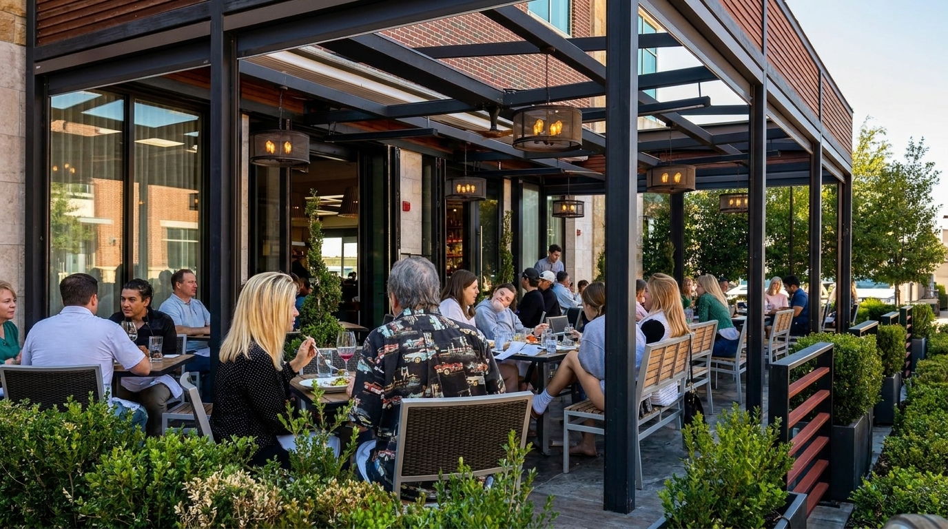 Patrons dine al fresco on a restaurant patio with modern lighting and lush green landscaping.