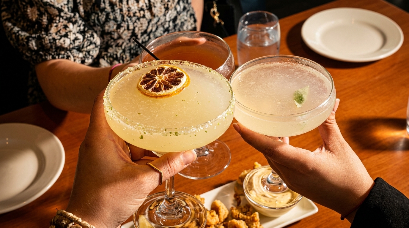 Four hands clinking three cocktails, two light-colored and one amber, over a wooden table.