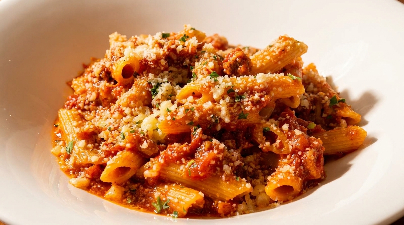 Penne pasta with rich red sauce, ground meat, and grated cheese in a white bowl.
