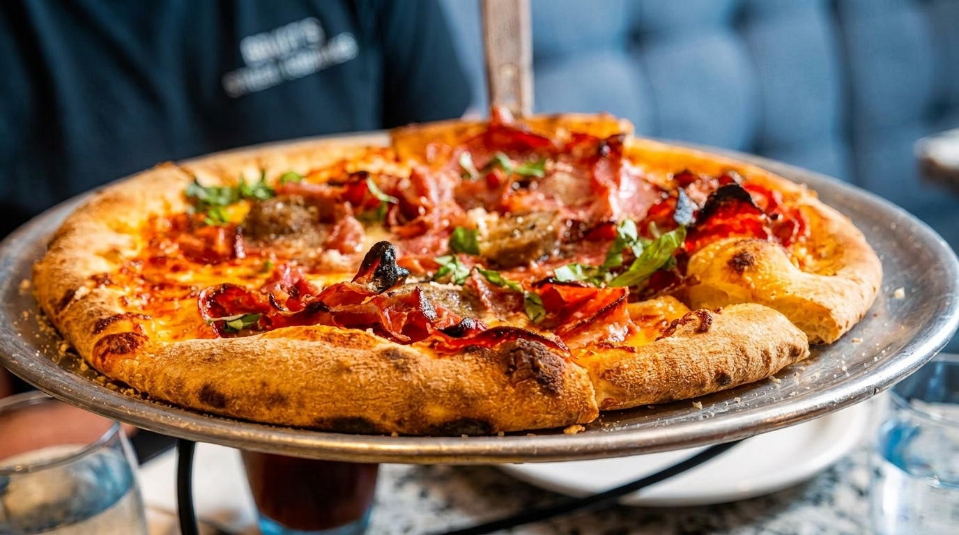 A freshly baked pizza with pepperoni, sausage, and basil on a metal stand.