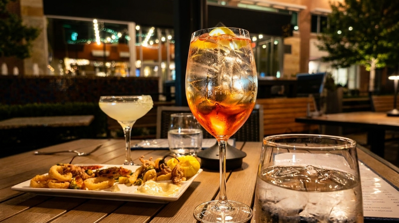Outdoor dining at night with calamari, two cocktails, and water glasses on a wooden table.