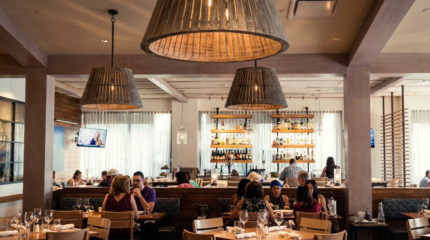 A bustling restaurant interior with diners seated at tables and a well-stocked bar in the background.
