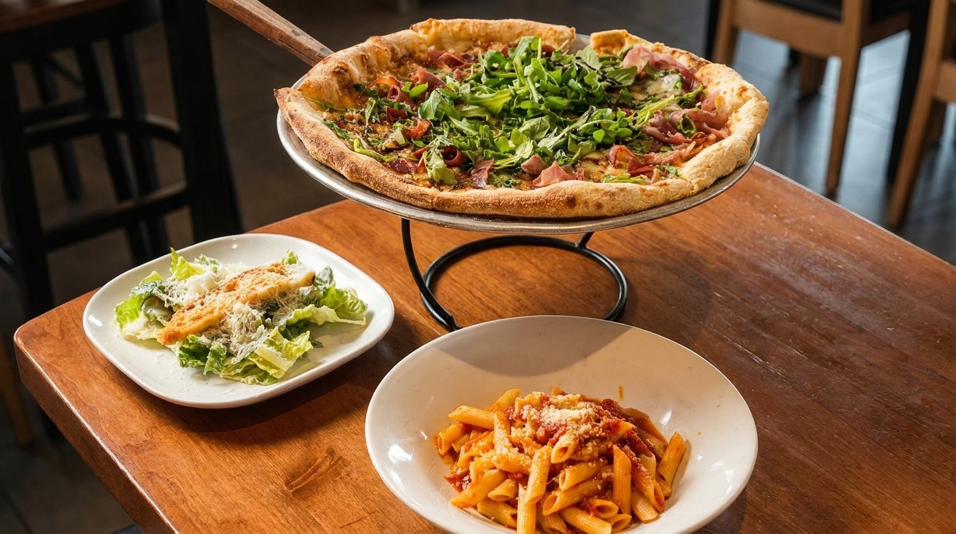A pizza with arugula and prosciutto, a Caesar salad, and penne pasta with sauce on a wooden table.